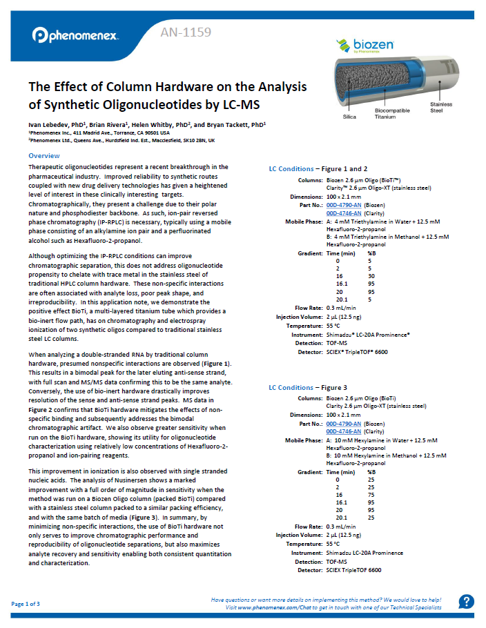 The Effect of Column Hardware on the Analysis of Synthetic Oligonucleotides by LC MS